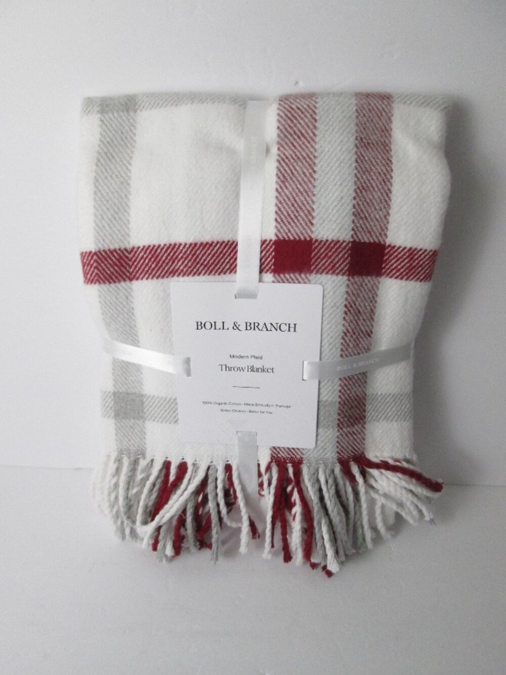 Boll & Branch Organic Modern Plaid Throw Blanket Cranberry Red 50" X 70" NWT